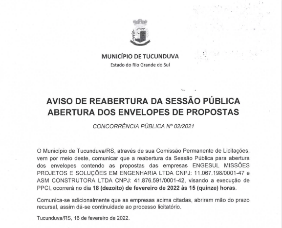 AVISO DE REABERTURA DE SESSÃO PÚBLICA - ABERTURA DOS ENVELOPES DE PROPOSTAS - CONCORRÊNCIA PÚBLICA Nº 02_2021 - EXECUÇÃO PPCI.